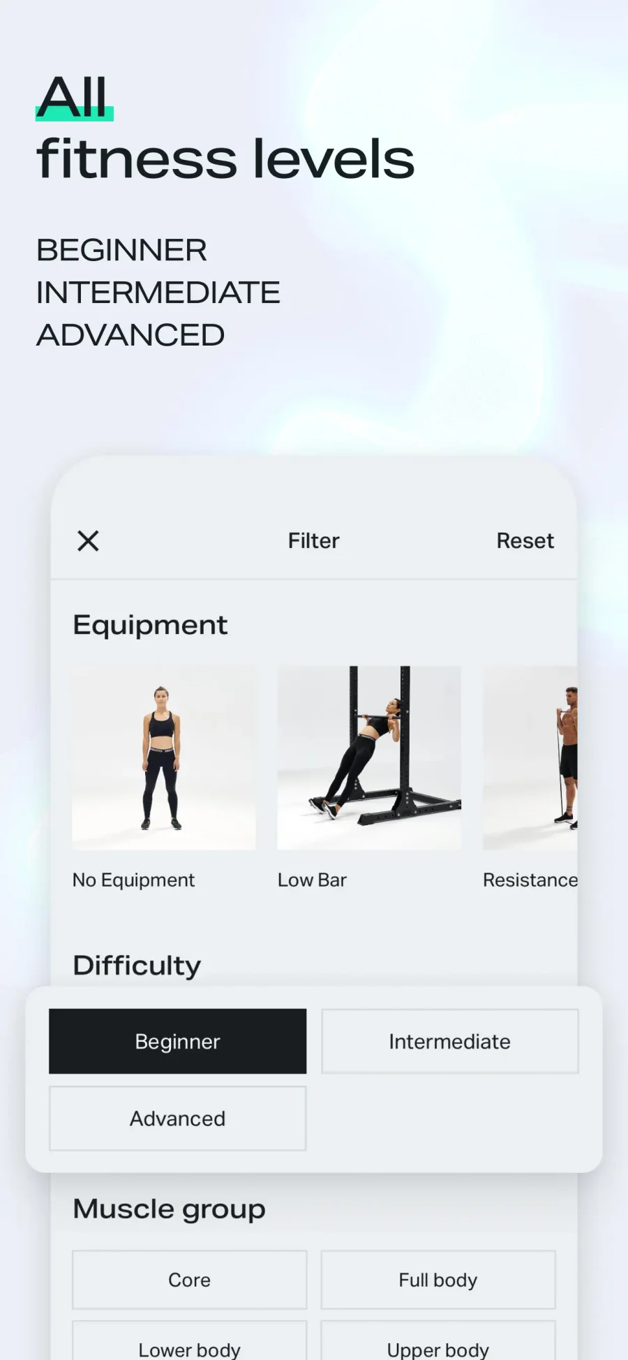 Freeletics: filtry vybavení a obtížnosti