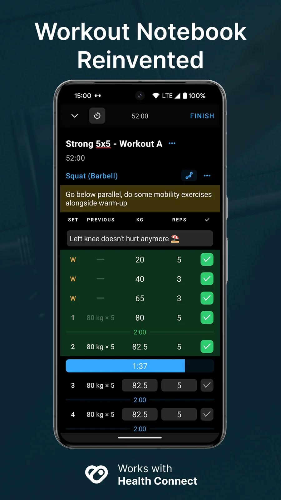 Strong: tréninkový deník v tmavém režimu
