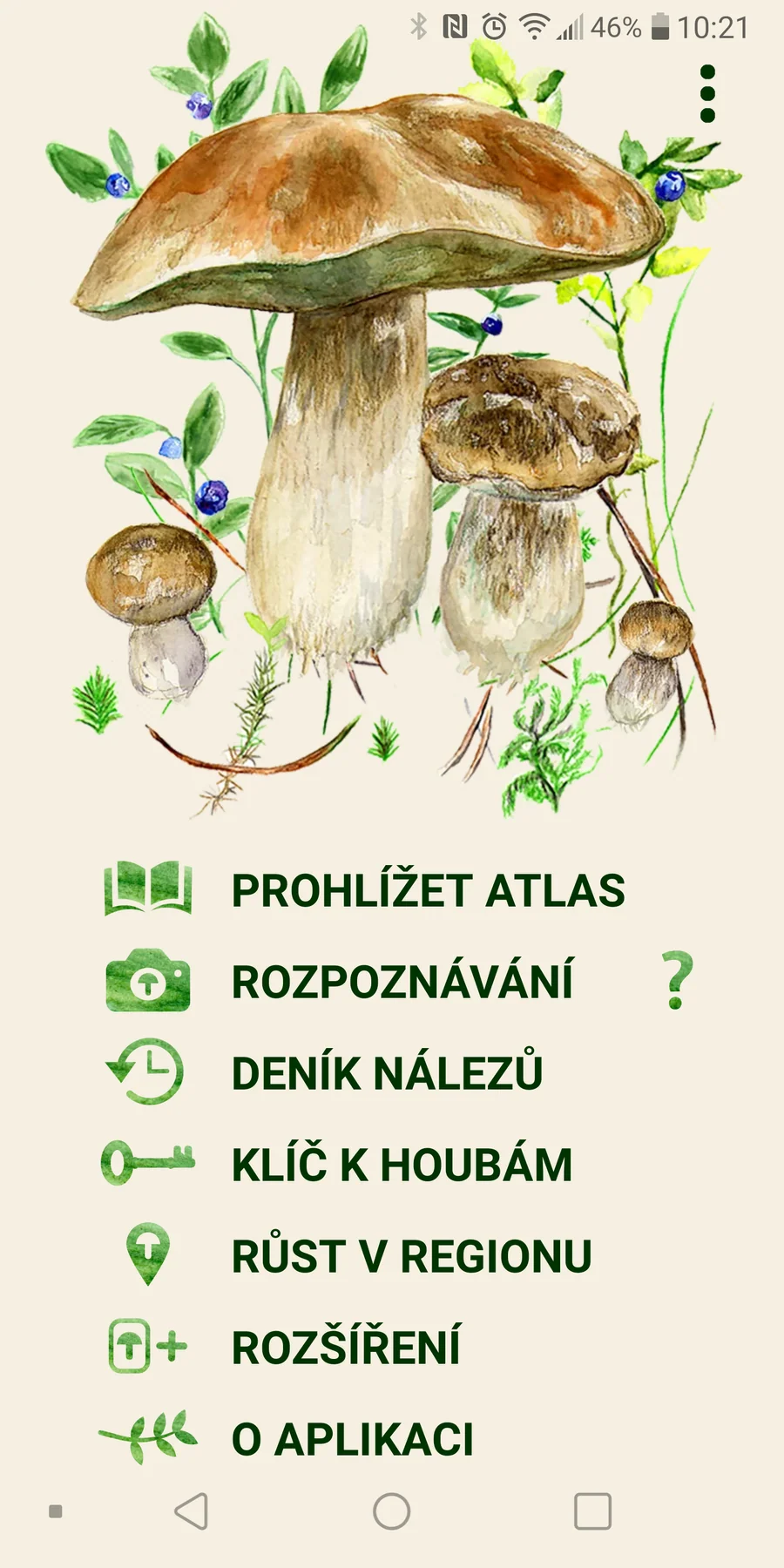 Aplikace na houby: úvodní nabídka atlasu