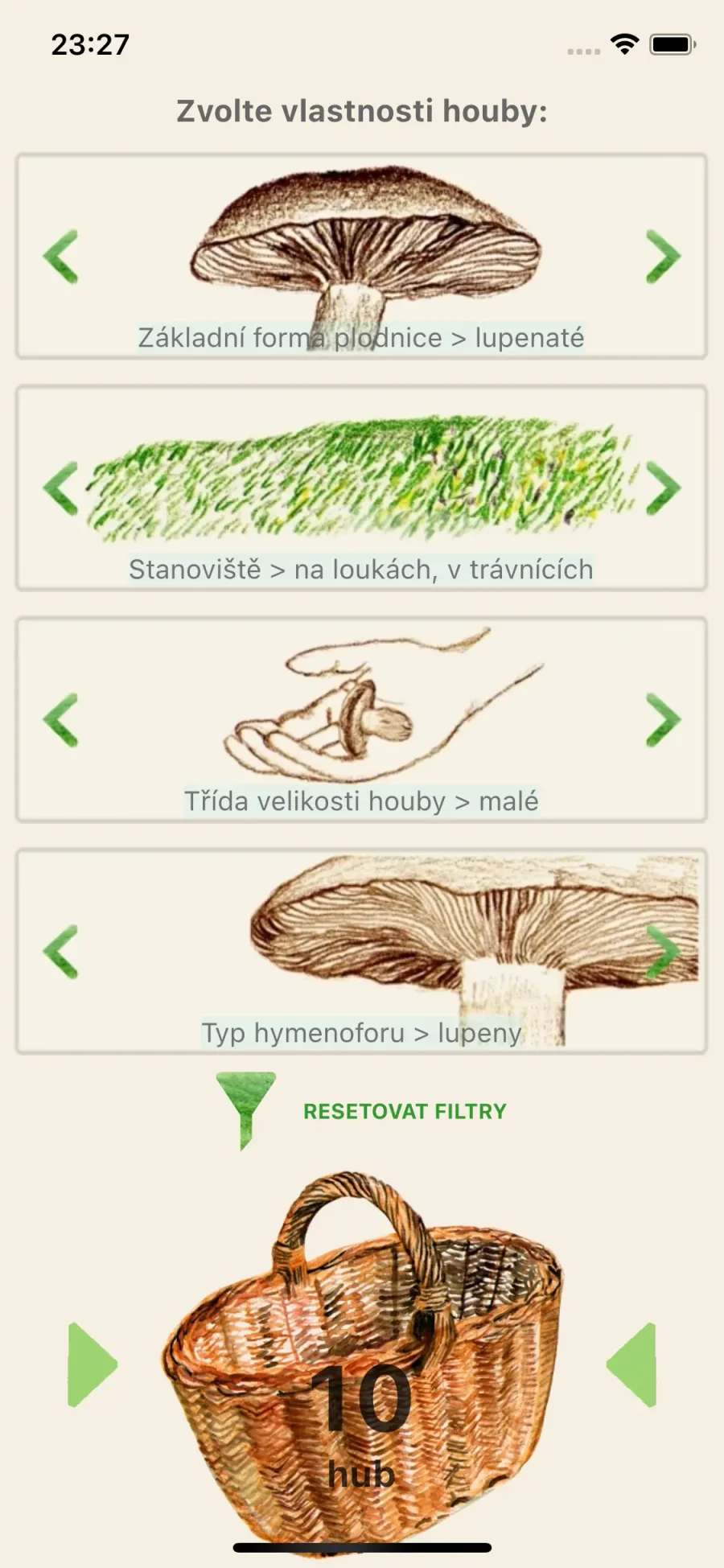 Aplikace na houby: určování podle vlastností