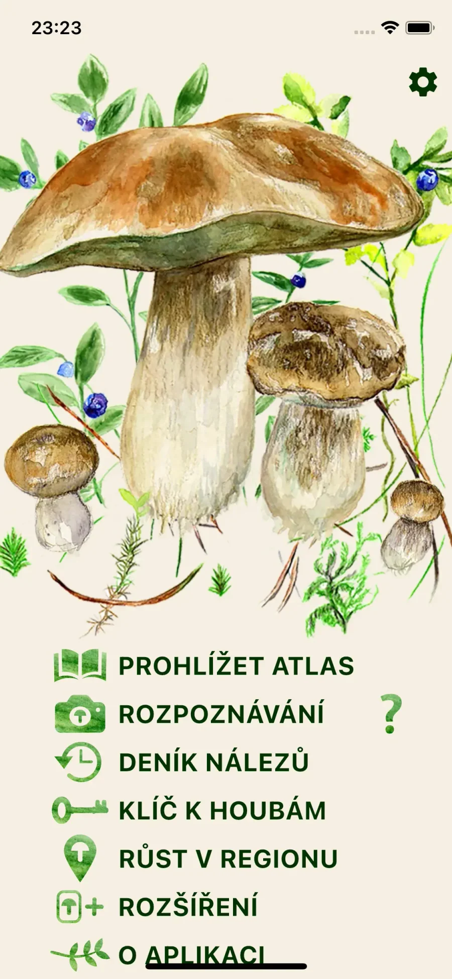 Aplikace na houby: úvodní nabídka atlasu