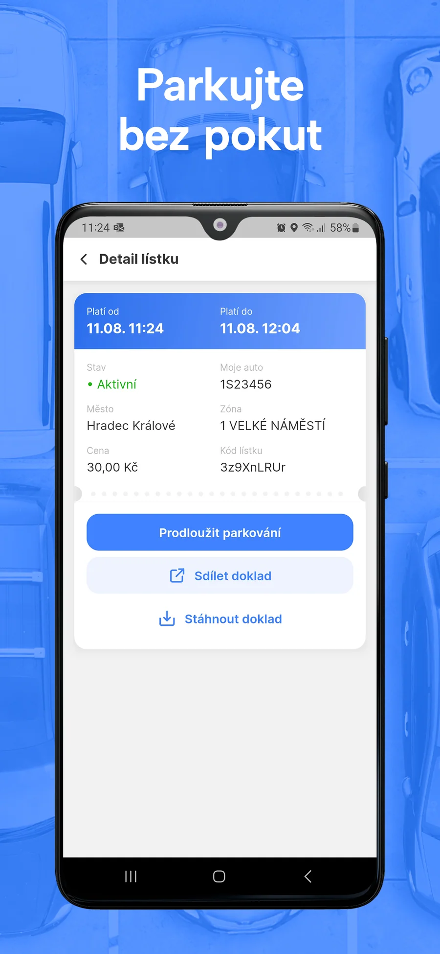 ParkSimply: detail aktivního parkovacího lístku