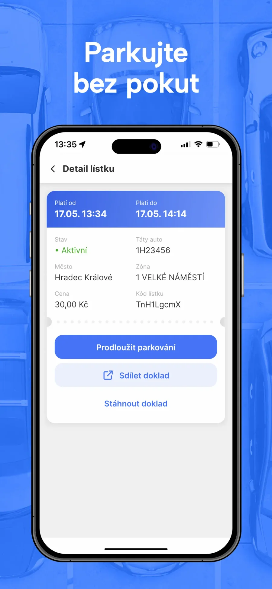 ParkSimply: detail aktivního parkovacího lístku