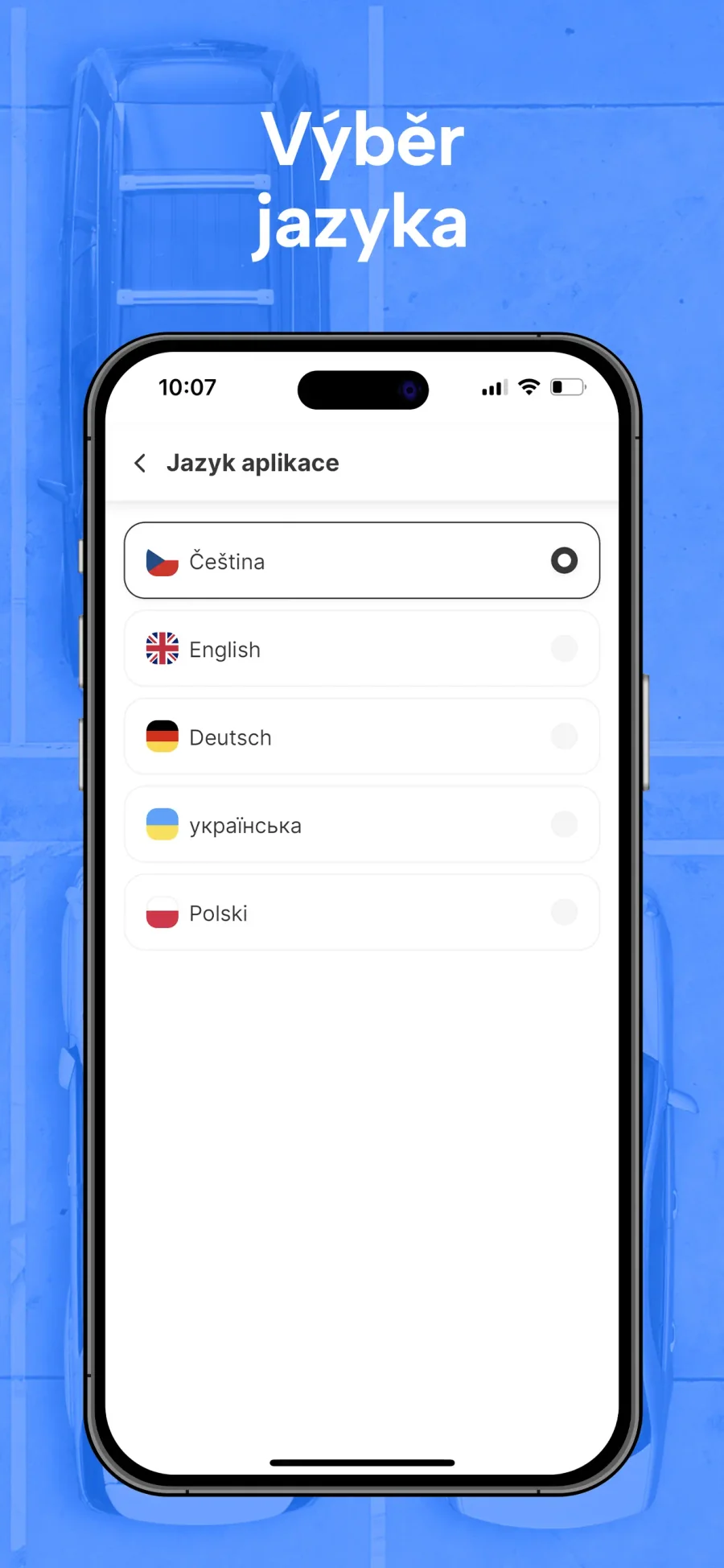 ParkSimply: výběr jazyka aplikace