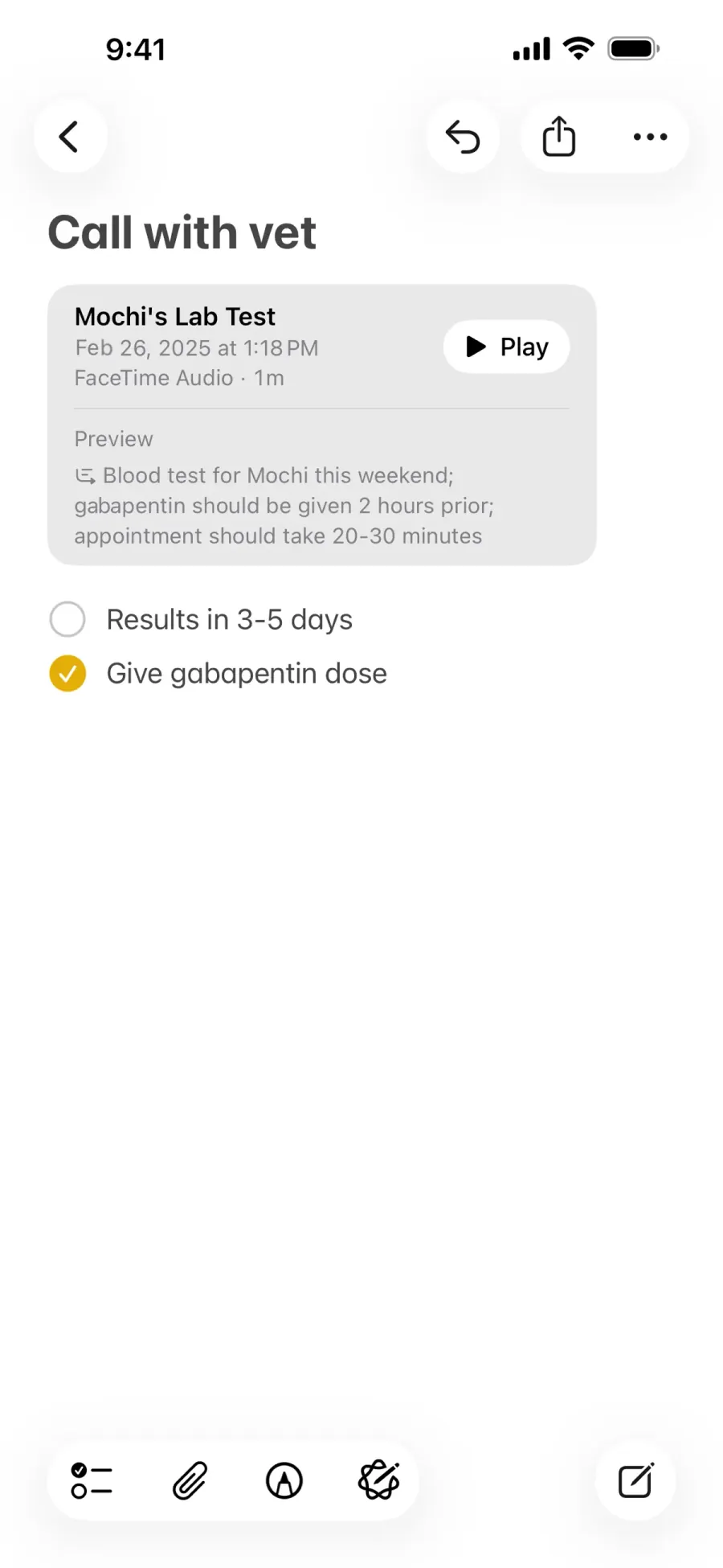 Poznámka z hovoru s veterinářem, zvukovým záznamem a checklistem