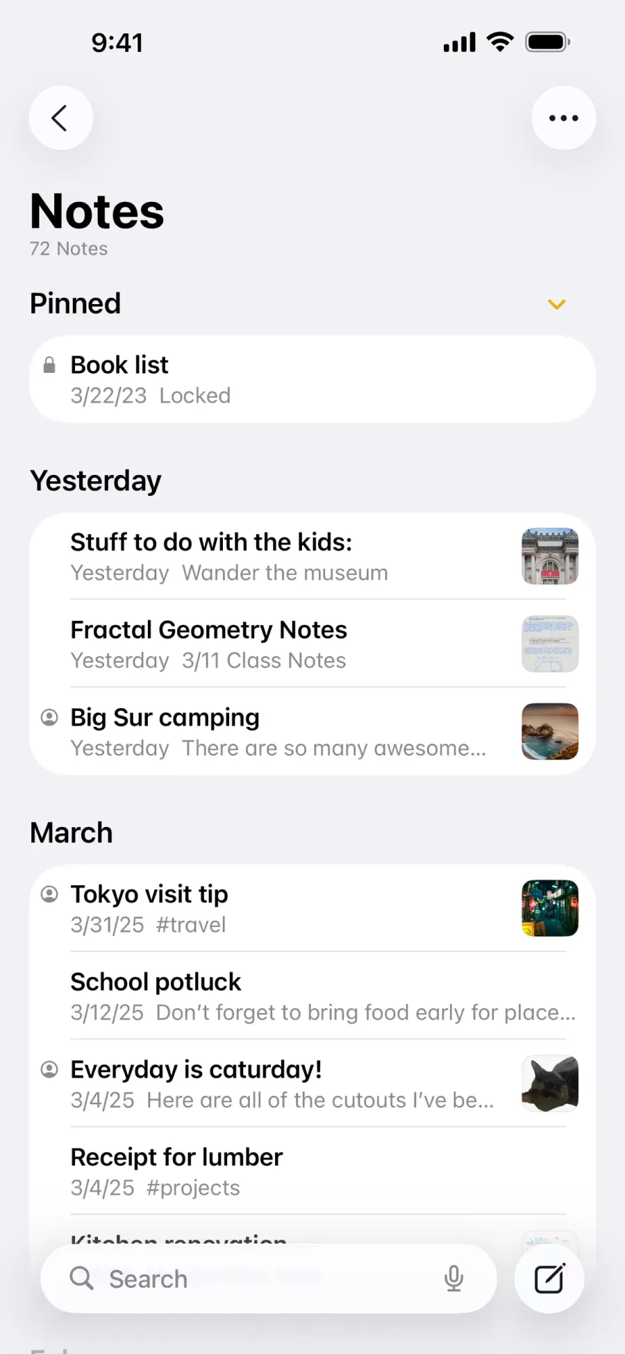 Seznam poznámek v Apple Notes s připnutou knihou a náhledy posledních záznamů