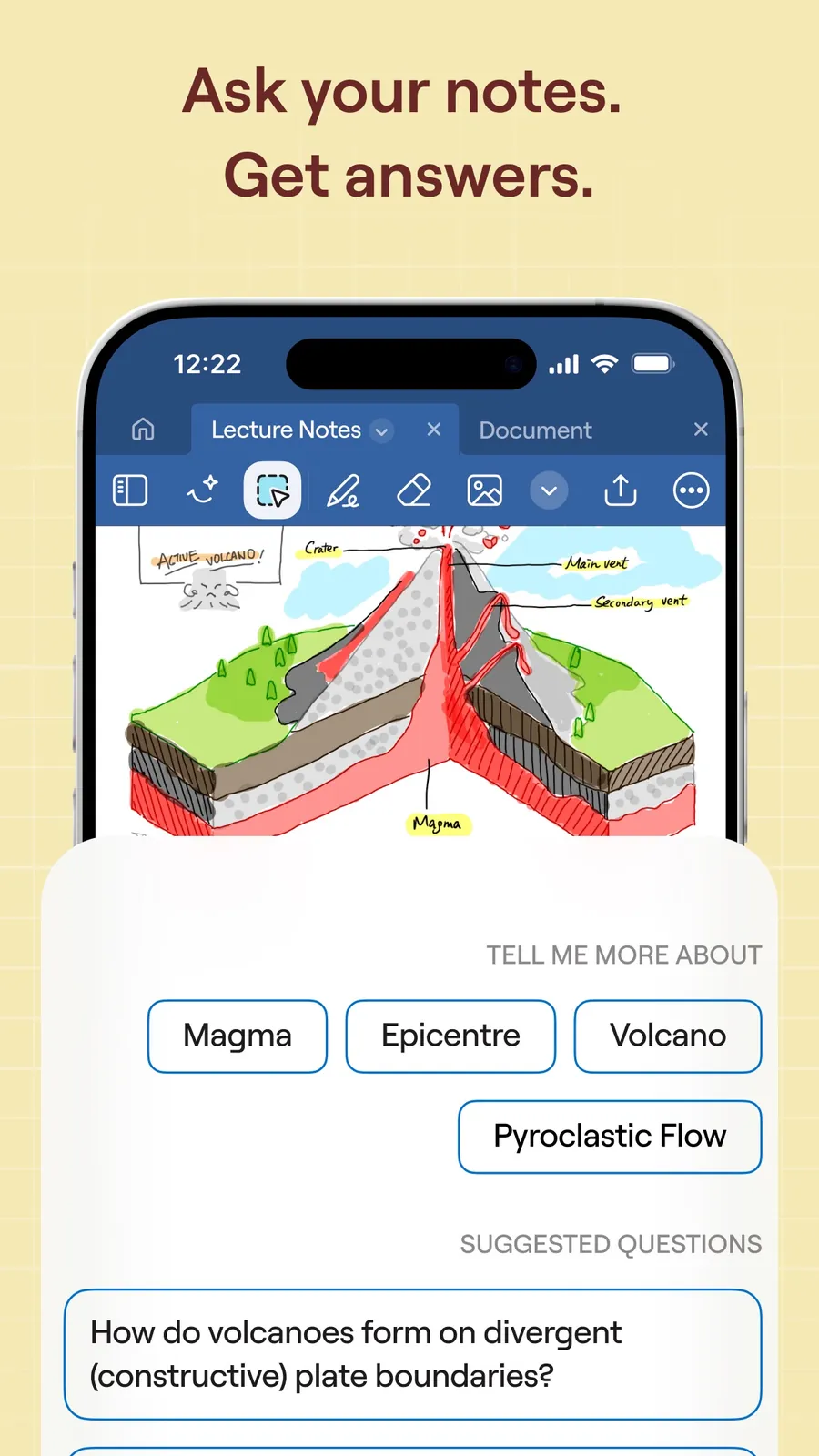 Funkce Ask your notes v Goodnotes s otázkami k anotovaným studijním poznámkám