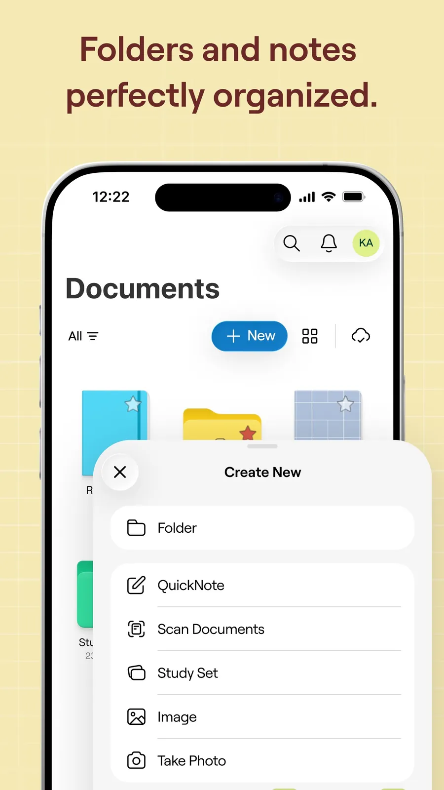 Knihovna dokumentů Goodnotes na iPhonu s nabídkou vytvořit složku, rychlou poznámku, sken nebo studijní sadu