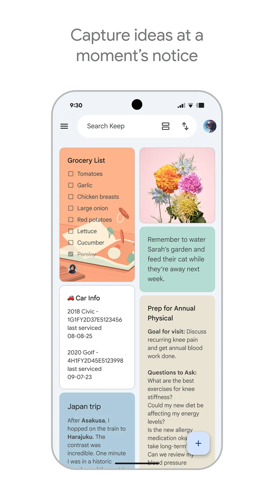 Barevný přehled poznámek a checklistů v aplikaci Google Keep