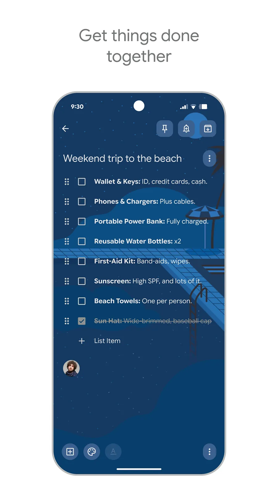 Sdílený checklist pro výlet v Google Keep s označenými splněnými úkoly