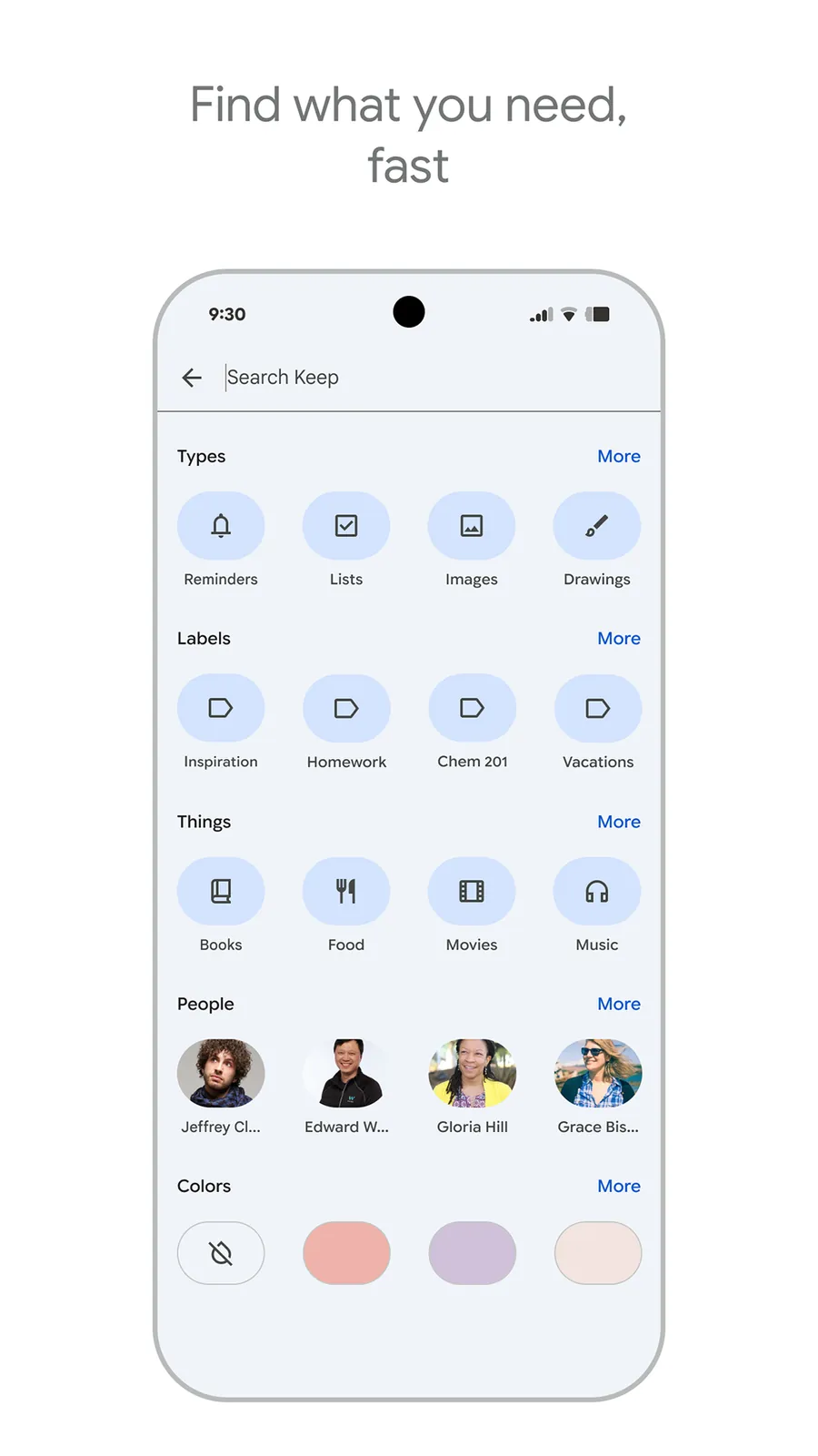 Vyhledávání v Google Keep s filtry podle typu, štítku, lidí a barvy
