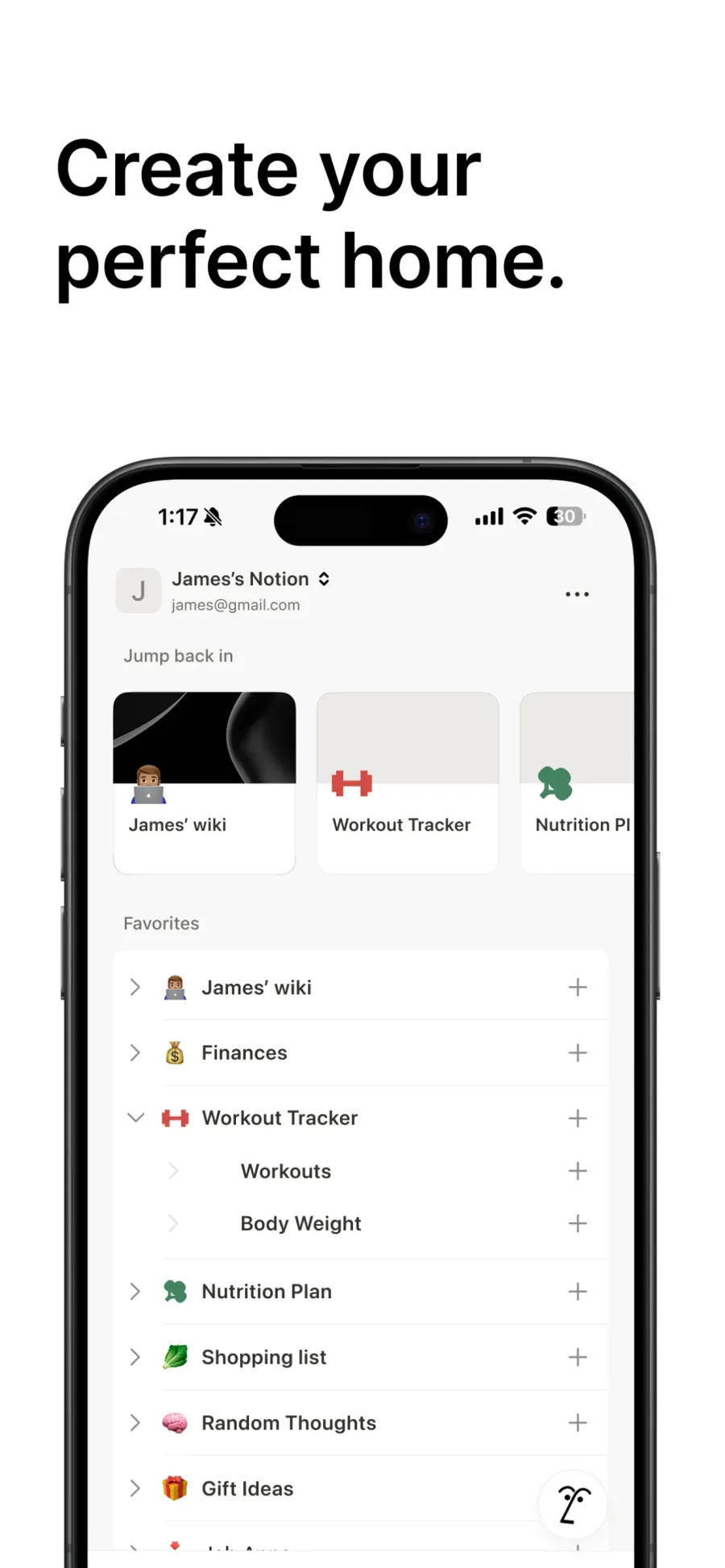 Úvodní obrazovka Notion na iPhonu s oblíbenými stránkami a pracovními projekty