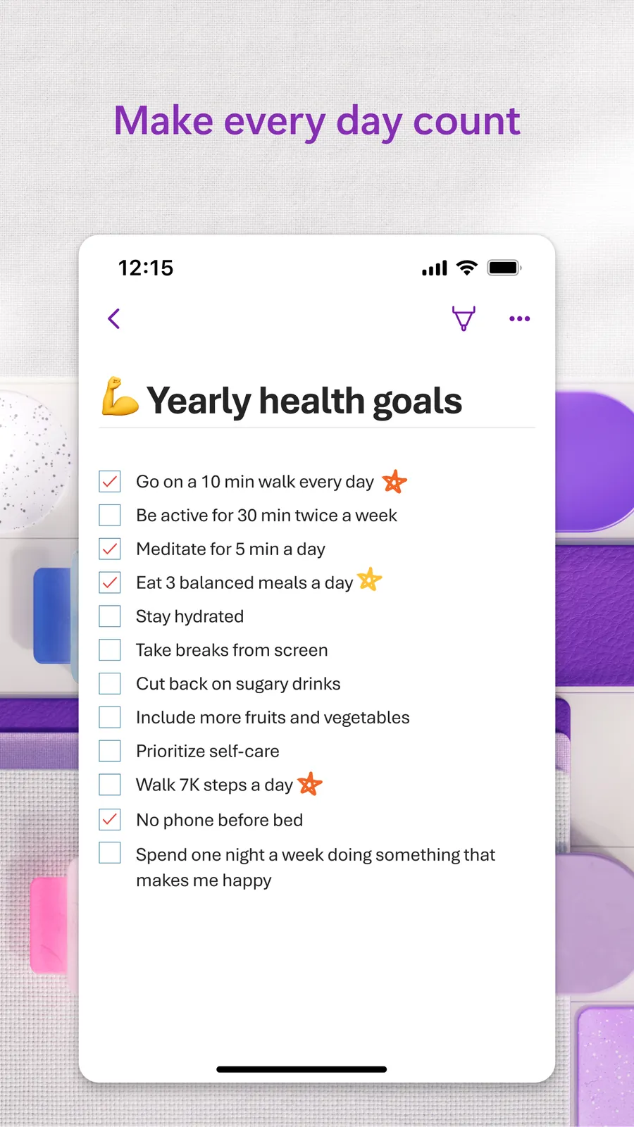 Roční zdravotní cíle jako checklist s odškrtávacími políčky v aplikaci Microsoft OneNote
