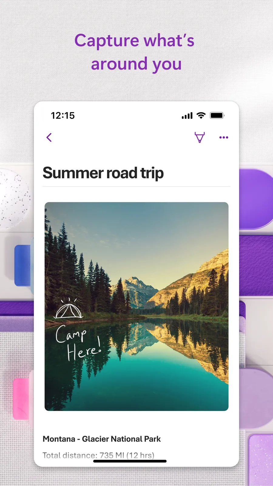 Cestovní poznámka s fotografií hor a ručním nákresem v aplikaci Microsoft OneNote na iPhonu