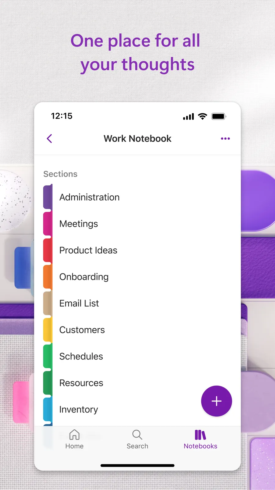 Barevně označené sekce pracovního poznámkového bloku v mobilní aplikaci Microsoft OneNote
