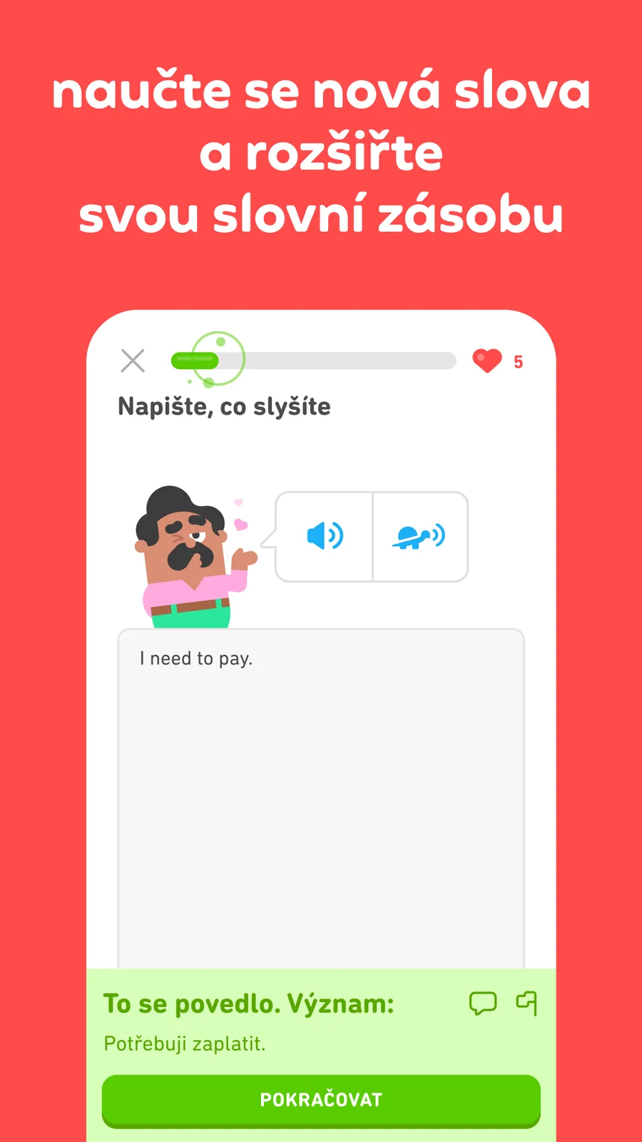 Duolingo: zápis věty podle poslechu