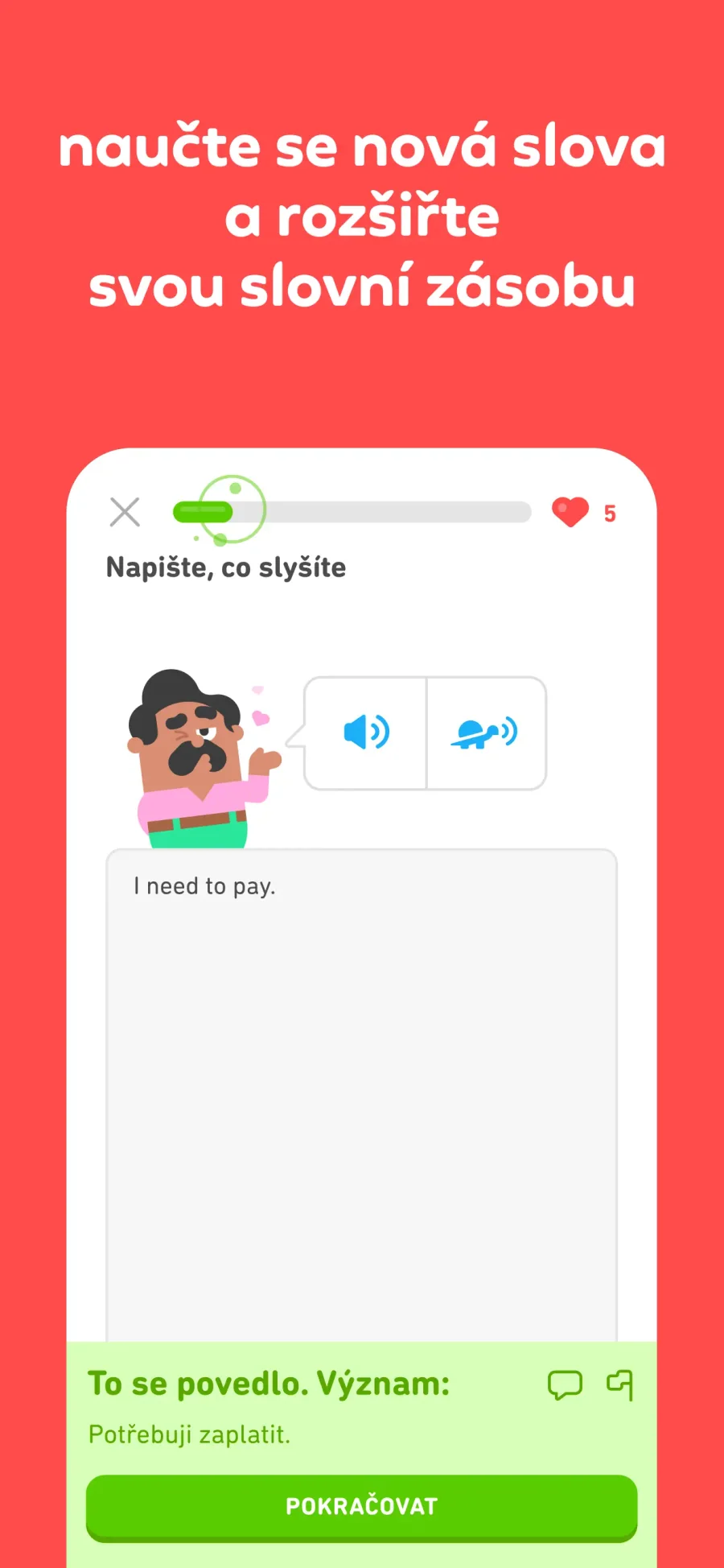 Duolingo: zápis věty podle poslechu