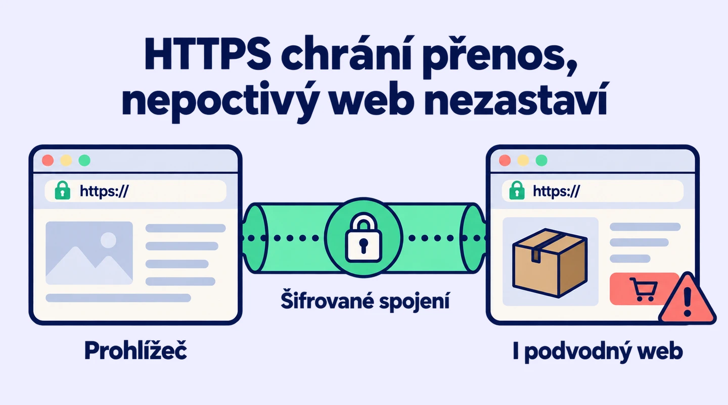 HTTPS šifruje spojení prohlížeče s webem, ale i podvodný web může mít zabezpečené spojení.