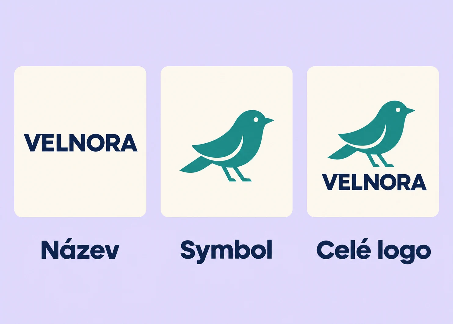 Název Velnora, samostatný symbol a celé logo představují tři různé podoby označení.