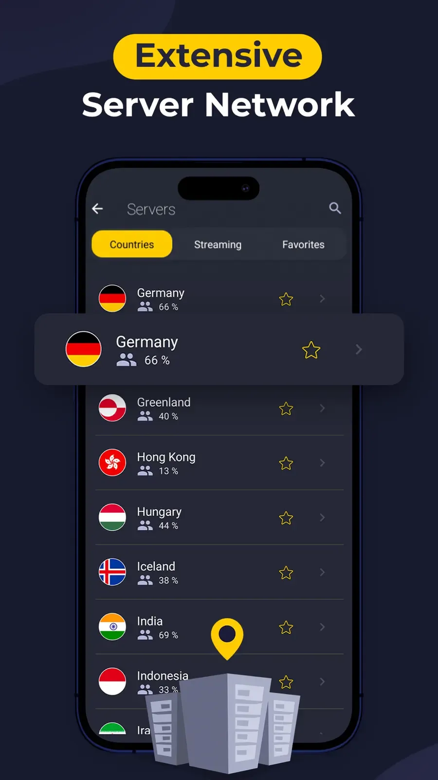 Výběr země a serveru v mobilní aplikaci CyberGhost VPN