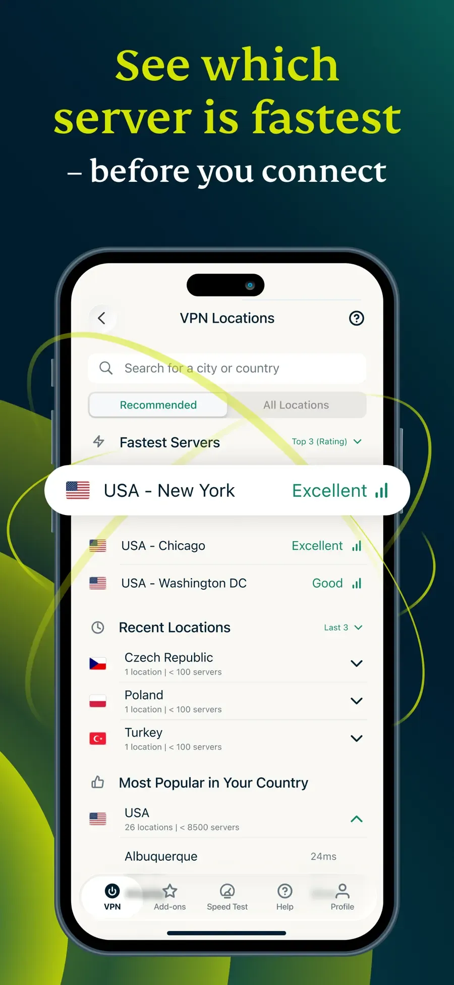 Seznam doporučených a posledních lokalit v mobilní aplikaci ExpressVPN