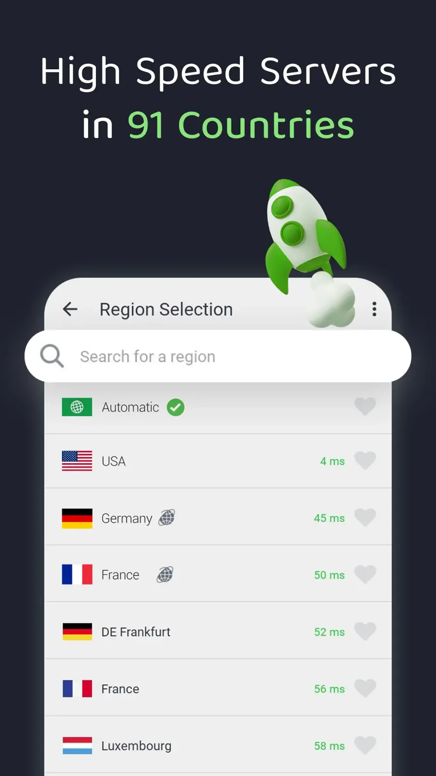 Seznam regionů a odezvy serverů v aplikaci Private Internet Access