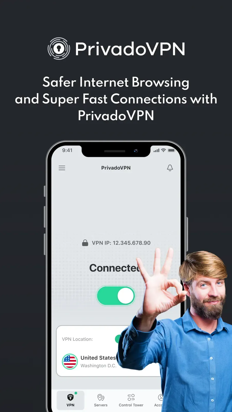 Aktivní připojení v mobilní aplikaci PrivadoVPN
