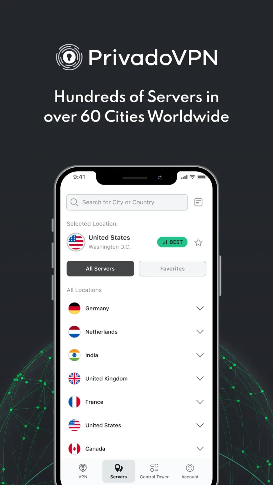 Seznam bezplatných lokalit v mobilní aplikaci PrivadoVPN