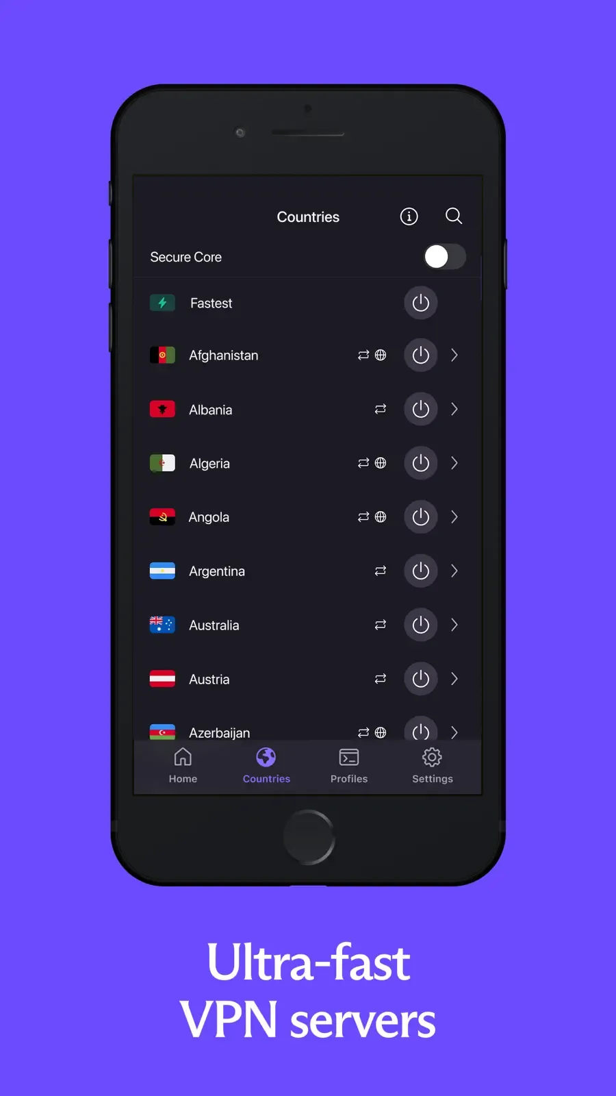 Seznam zemí a serverů v mobilní aplikaci Proton VPN