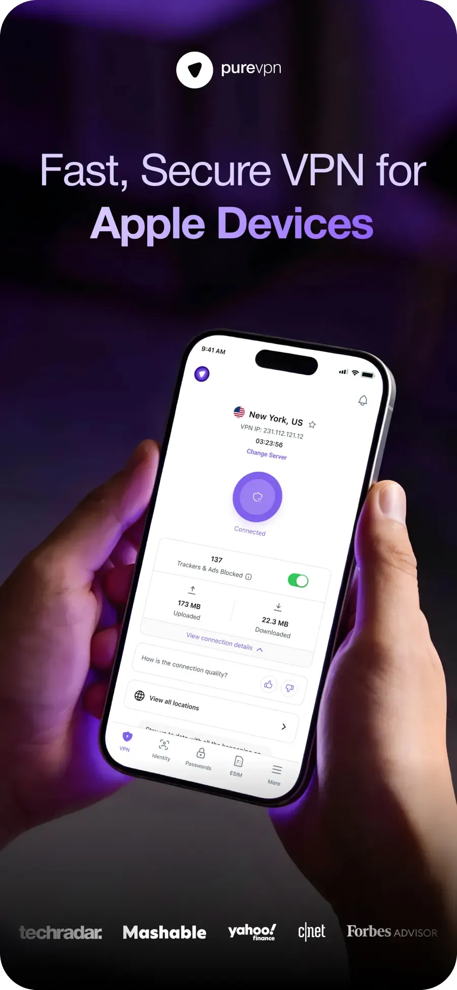 Aktivní připojení v mobilní aplikaci PureVPN