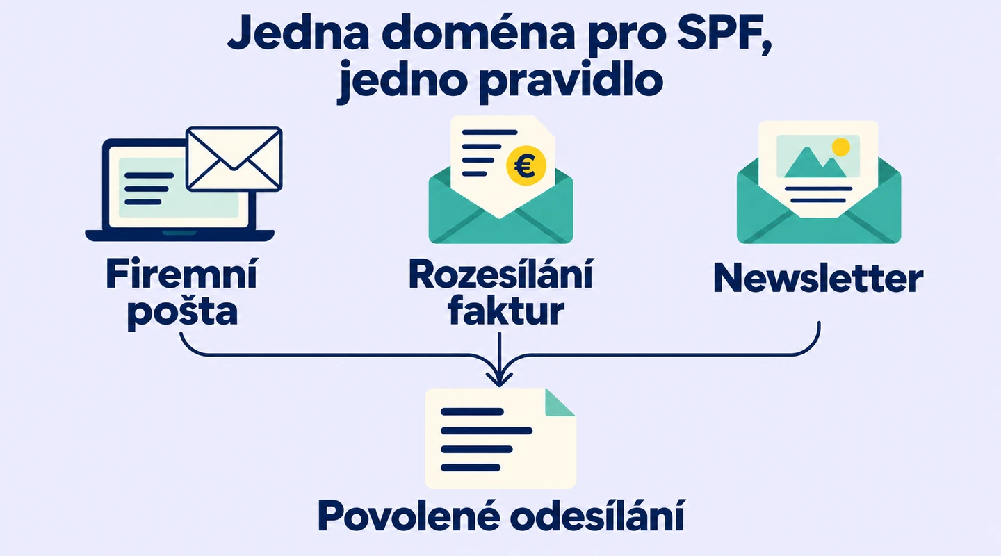 Firemní pošta, fakturace a newsletter se zohledňují v jedné SPF politice pro stejné doménové jméno, nikoli ve třech oddělených SPF záznamech.