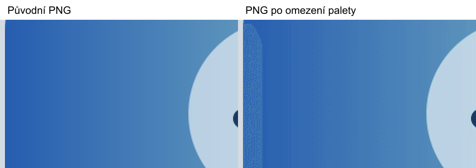 Stejný dvojnásobně zvětšený výřez: vlevo původní PNG, vpravo PNG po omezení palety s viditelným tečkováním.