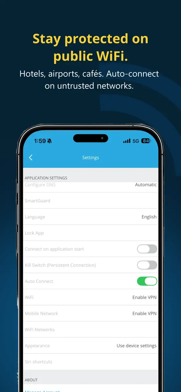 Nastavení automatického připojení na nedůvěryhodné síti v aplikaci hide.me VPN