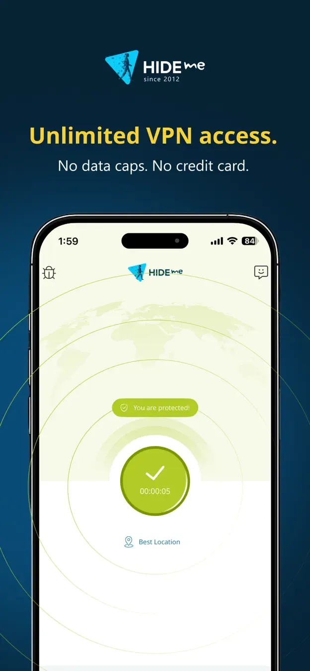 Připojená mobilní aplikace hide.me s informací o neomezených datech