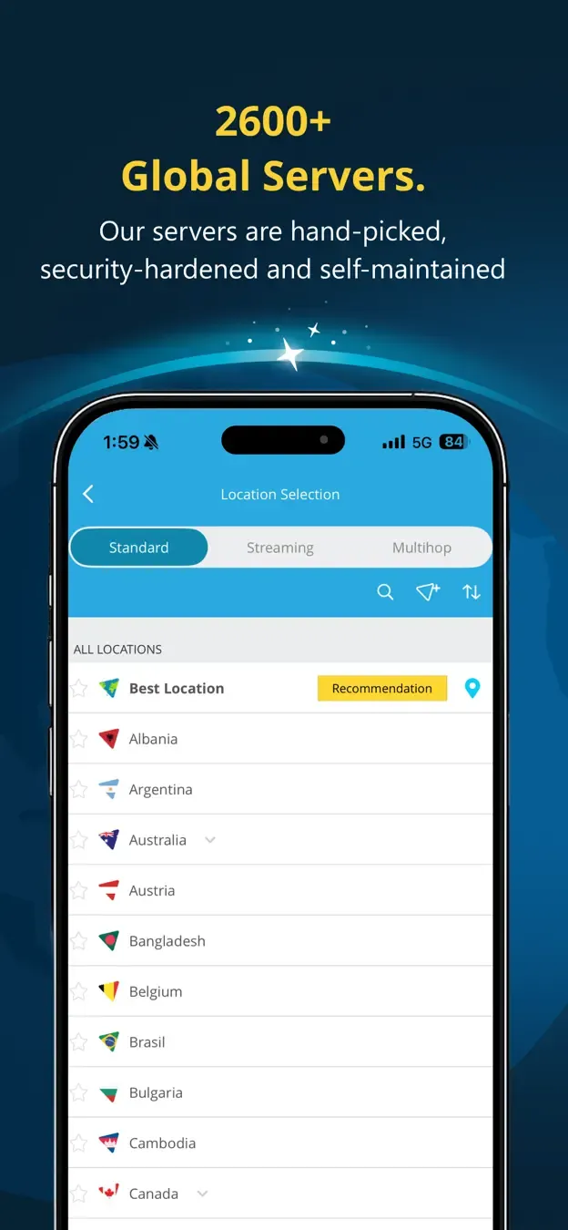 Výběr lokality v mobilní aplikaci hide.me VPN