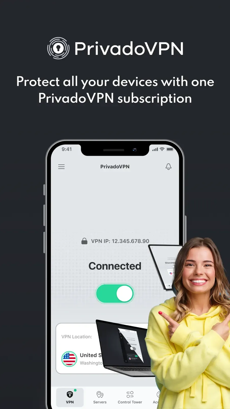 Mobilní aplikace PrivadoVPN s tvrzením výrobce o použití na více zařízeních