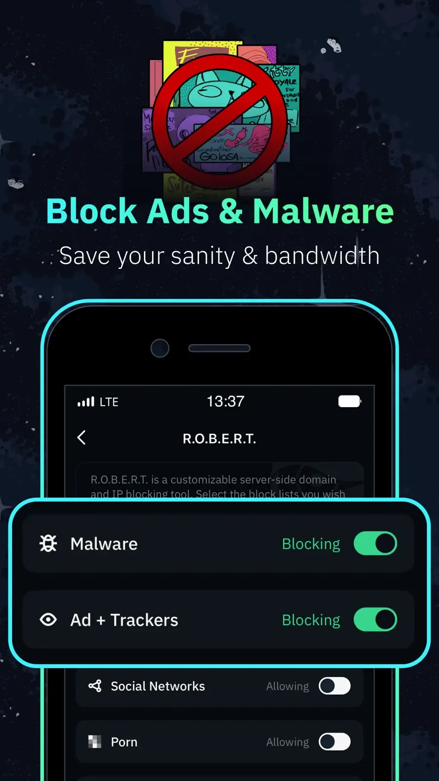 Nastavení blokování reklam, trackerů a malwaru R.O.B.E.R.T. ve Windscribe