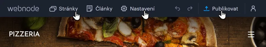 Horní lišta editoru Webnode s tlačítky Stránky, Články, Nastavení a Publikovat