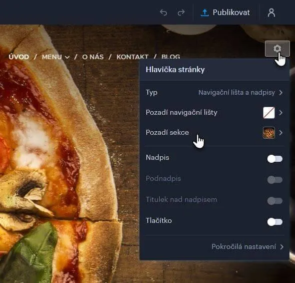 Panel nastavení hlavičky ve webovém editoru Webnode