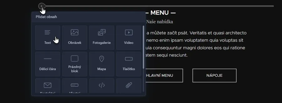 Nabídka obsahových bloků v editoru Webnode