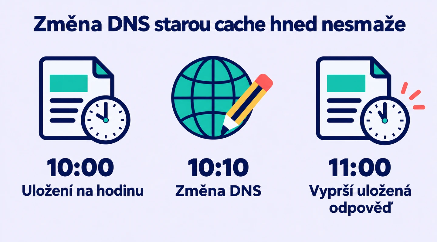Hodinové TTL začíná uložením odpovědi v 10:00; změna domény v 10:10 tento čas zpětně neresetuje.